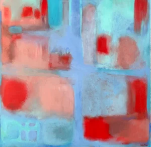 acrylic artwork showing various geometric shapes in shades of red and blue