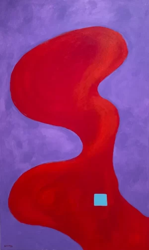 mixed media artwork showing a large red shape on a purple background